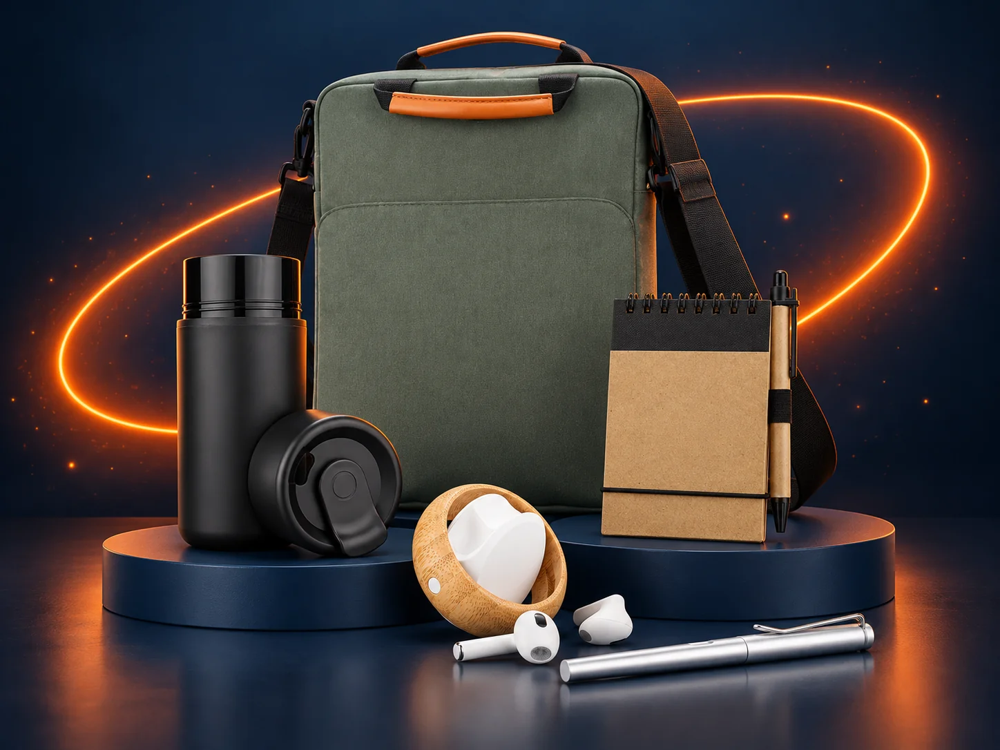 Botella, bolso para portátil, libreta ecológica, audífonos y bolígrafo del catálogo sobre una base azul con luz naranja